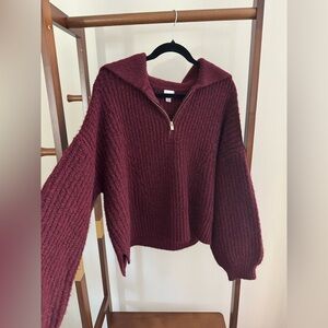 Cozy Zip-Collar Sweater – Deep Wine Red, Maroon, Burgundy – Size Large